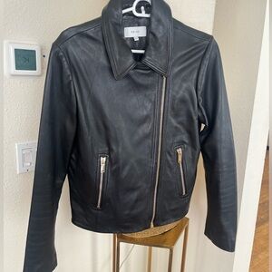 Reiss black leather jacket with gold zips! 🏍️